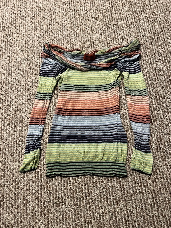 Missoni Sweaters - Vintage Missoni Off-Shoulder Stripe Knit Sweater in Green, Coral, Navy and Cream